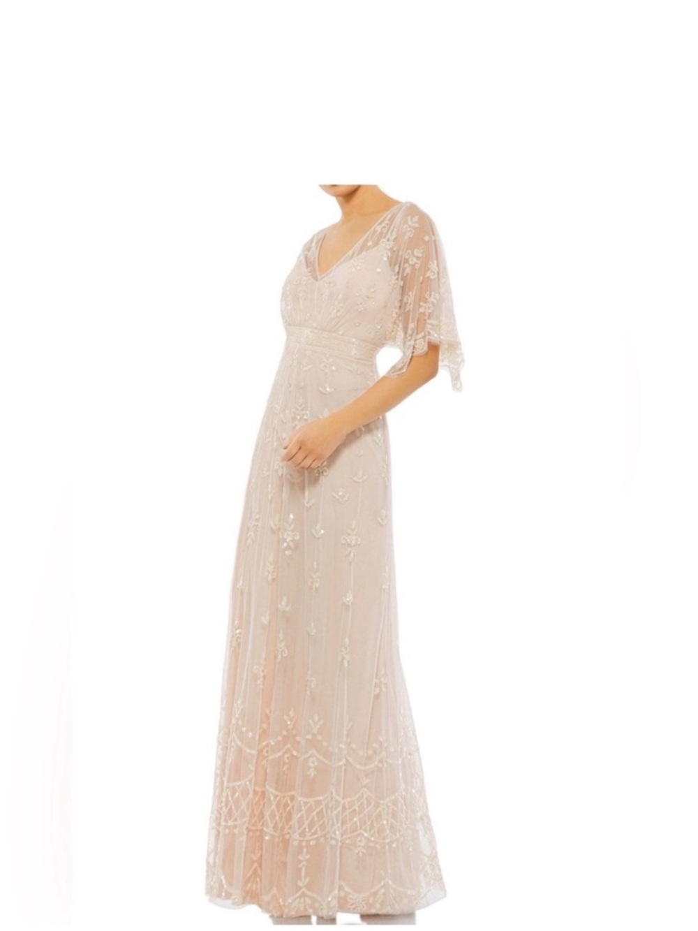 Mac Duggal Beige Nude Blush Mesh Sequin Flutter Sleeve Grown Victorian 9144